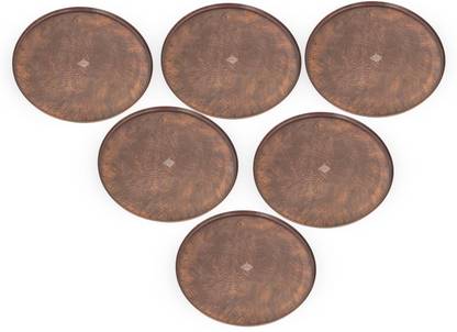 IndianArtVilla Hammered Copper Round Moon Designer Tray Plate with Antiqe Dark Tone Tray