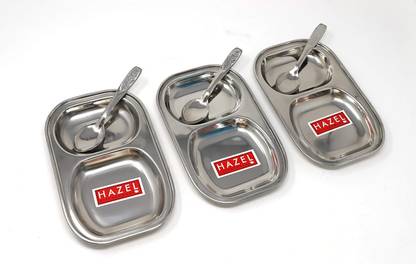 HAZEL Rectangle Plate Set | Steel Plates, 2 Section Plate Set of 3 with 3 Spoons Sectioned Plate