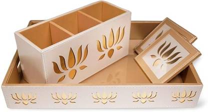 Newpinch Bedside Table Tray Set/Serving with 2 Coasters/Leaser Cutting (Lotus Cream) Tray