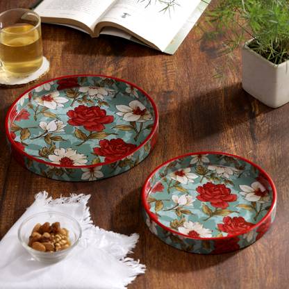 DULI Set of 2 Round Floral Print Serving Tray for Decorative 9x9 & 7x7 inches Tray