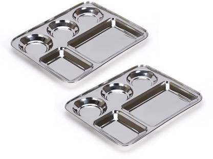 LolyKitch Stainless Steel Rectangular 5 in 1 Compartment/Dinner Plate Set of 2Pcs Dinner Plate