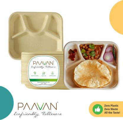 PAAVAN Sugarcane Bagasse Disposable 4 CompartmentTray/Plate Tray