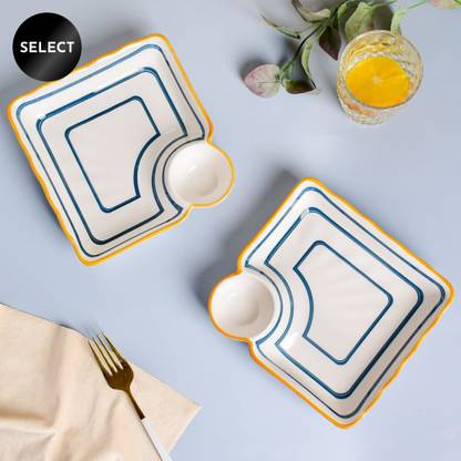 Nestasia White and Blue Striped Nitori Ceramic Set of 2 Square Plates with Section Chip & Dip Tray