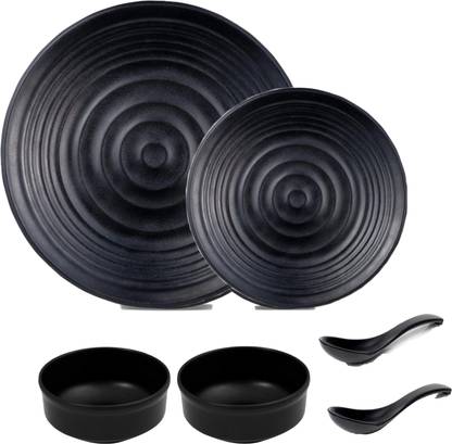 DLM UNBREAKABLE MELAMINE BLACK DINNER SET 2 PLATES 2 BOWL 2 SPOON DINNER SERVING SET Tray