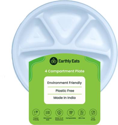 EARTHLY EATS Sugarcane Bagasse Compostable and Disposable 11 INCH Round 4 Compartment Dinner Plate