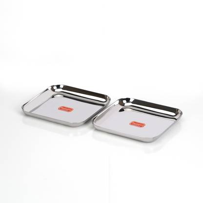 Sumeet Stainless Steel Medium Square Shape Snacks Plate/Breakfast Plate Set-2pcs,20cm Half Plate