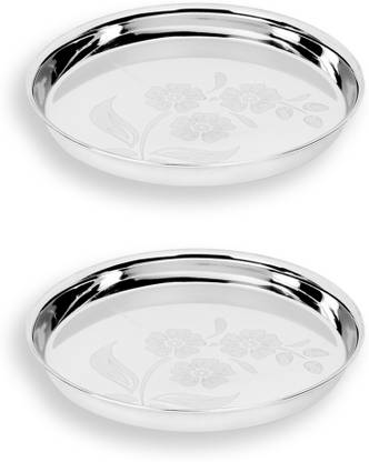 DOKCHAN Stainless Steel Full Dinner Thali Mirror Glossy Finish|Laser Flower print Design Dinner Plate