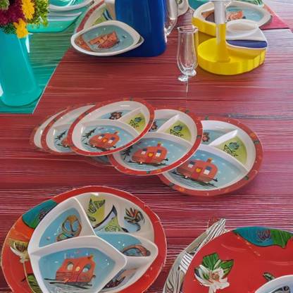 Evaware International Melamine Kids Plate Round 3 Section Multicolor Melamine Plate with Cartoon Print Dinner Plate