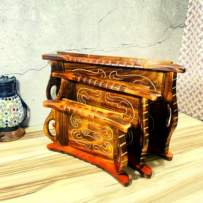 HomeFrills Sheesham Wood carved design antique Serving Platter/Trays with Handles Set of 3 Tray