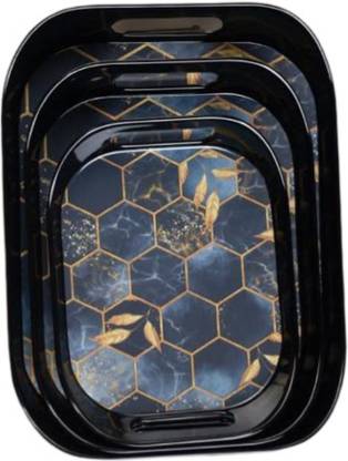 JUICIQ Serving Tray Set of 3 | Black & Gold Design | Multipurpose Trays with Handles Tray