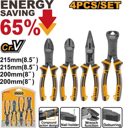 INGCO 4Pcs Compound Action Pliers Set, Saving 65% Energy, Combination Snap Ring Plier