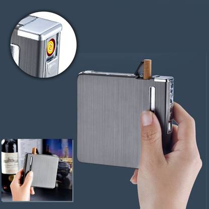 Crokroz 2 in 1 Automatic Ejection Fancy Cigarette Case with Lighter Portable 10pcs Cigarette Case with USB Flame-Less Windproof Electric Cigarette Case Pocket Lighter
