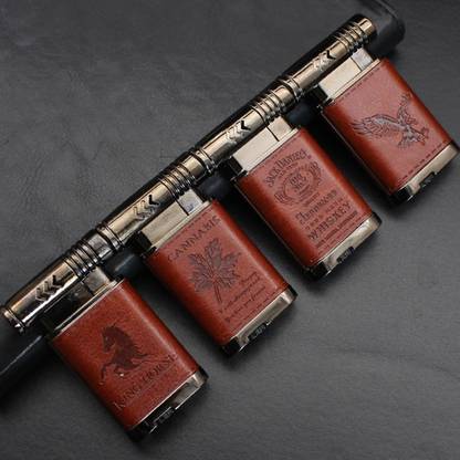 फ्लेमक्लब Tongxin 55,56_Reddish Brown Creative Veneer Windproof Direct Injection Blue Flame Gas पॉकेट लाइटर