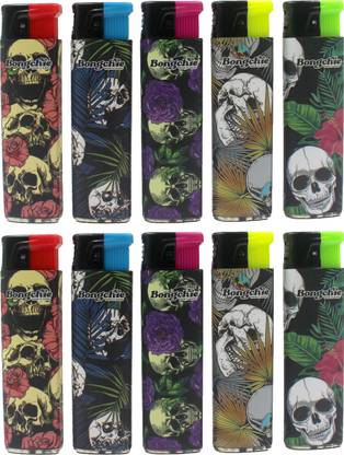 Bongchie XHD9028-X (10pcs) Windproof Turbo Flame Skull Print Cigarette Lighter Refillable Reusable Pocket Lighter