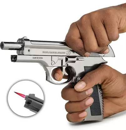 eDUST ® Full Metal Body Gun Lighter With Pull Back Loading System Cast 608 silver Heavy Weight Real Look Reloaded Jet Flame Pocket Lighter
