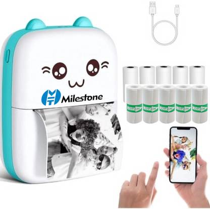 Milestone C9 58mm 2 Inch Receipt + Label Thermal Bluetooth Printer with 5 Pcs Thermal Roll + 5 pcs Sticky Roll - Latest 2025 Thermal Receipt Pocket Printer (Green)