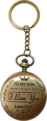 DSR My Son (I Love U) Metal Bronze Analog Vintage Style Round Dial Quartz Unisex Antique Key chains Pocket Watch Keychain with Roman Numbers with Small Box Antique Pocket Watch With Rings Metal Alloy Pocket Watch Chain