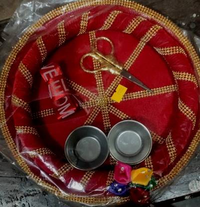 giftsrus Ribbon Cutting Welcome Thali with Scissor-Marriage Stainless Steel Puja Plate Stainless Steel