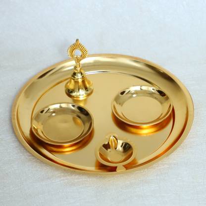 Chhariya Crafts Metal Pooja Thali With 2 Roli Chawal Bowl, Diya And Pooja Ghanti Aluminium