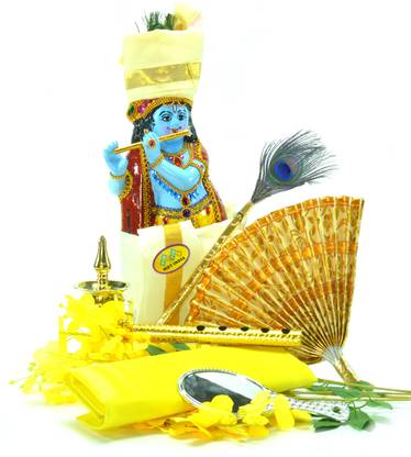 MDT India Vishu Kani Set Shri Krishna Fiber Statue Brass Nilavilakku Plate Udayada Cotton Polyester