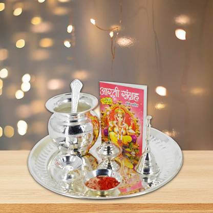 ME&YOU Pooja Thali Sliver Plate set for Housewarmining Puja Silver