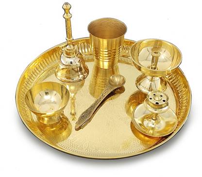BENGALEN Brass Puja Thali Set 8 Inch Home Mandir Pooja Items Brass