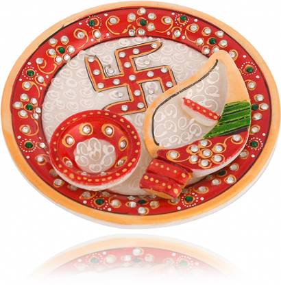 B S NATURAL Handmade Marble Swastik Kundan Meenakari White Marble Makrana Puja Thali 11X13cm Marble