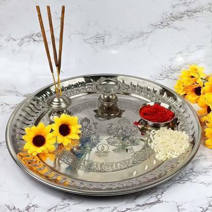 Heaven Decor Steel Pooja thali Included Agarbatti Stand, Diya & Multi Use Katori. Stainless Steel