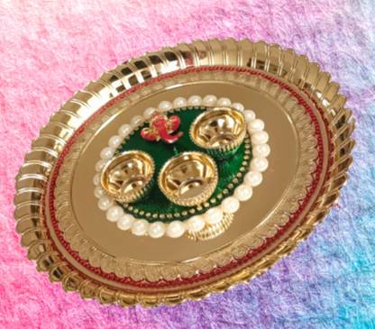 P A HEALTH AND FITNESS Decorated Acrylic Pooja Thali/Haldi Kumkum Box/Rakhi Plate[8 Inch][Medium] Gold Plated