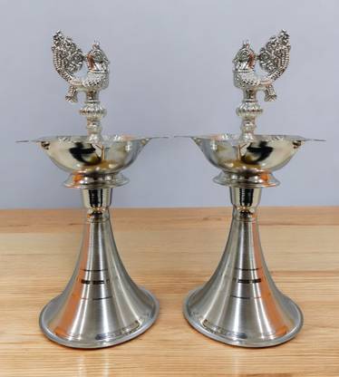 Sigaram 9 Inch Pecock Diya Made By Pure German Silver For Home Pooja Decore K4425 Silver