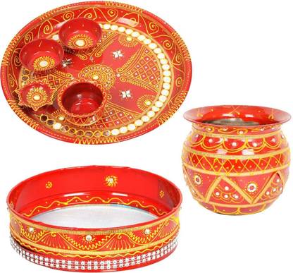 BAISA Stainless Steel Karwa Chauth Decorative Pooja Thali Set (Red) (Thali Size 11") Steel