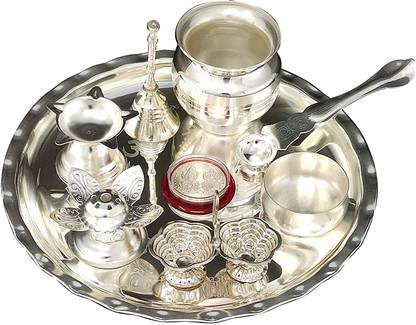 BENGALEN Puja Thali Set Silver Plated 8 Inch Pooja Wedding Return Gift Items Silver Plated