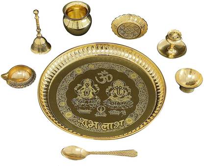 BENGALEN Brass Pooja Thali Set 8 Inch Home Mandir Puja Return Gift Items Brass
