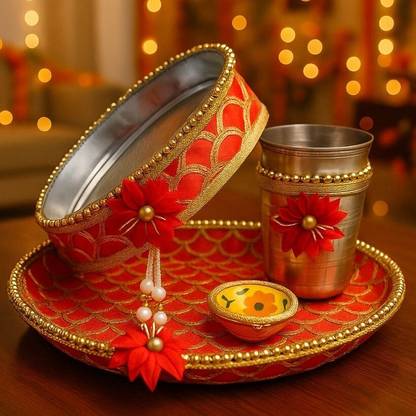 DP Crafts Decorative Pooja Thali with Chalni, Glass & Deepak Set for Karwachauth & Diwali Stainless Steel