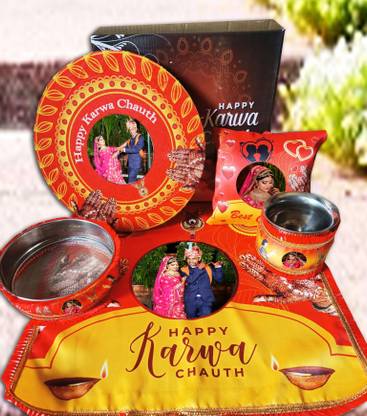 Rudram Arts Customized Karwa Chauth Pooja Thali 5 Pieces Set Personalized Photo Steel