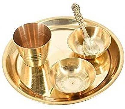 Sid pari saller Thakur ji Pooja Bhog Thali Set [Plate, Glass,2 Bowl and Spoon] Size: 5.5 Inch Brass