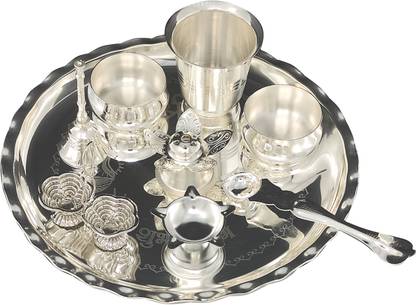 BENGALEN Pooja Thali Set 9.5 Inch with Accessories Puja Sets Mandir Wedding Return Gift Silver Plated