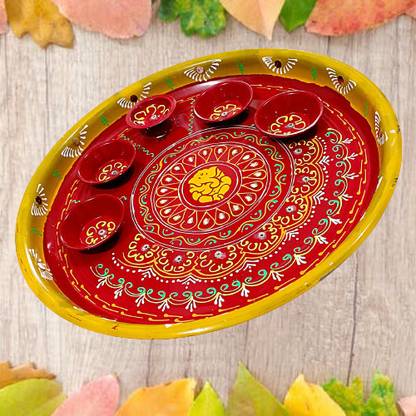 P A HEALTH AND FITNESS Decorative Rakhi Aarti Pooja Thali Set with Diya Holder.[Large][12Inch] Steel