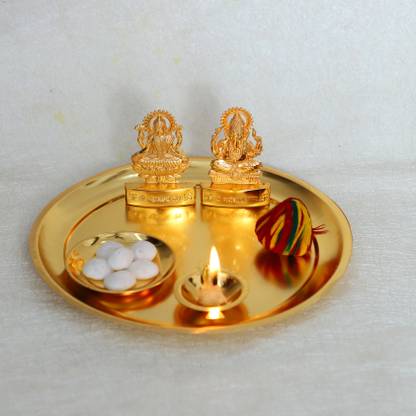 Chhariya Crafts Laxmi Ganesh Pooja Thali With Diya And Prasad Bowl For Home And Office Aluminium