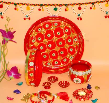 Arrakasta Crafts Karwa Chauth Thali Set Pooja Decor Karwa Chauth Gifts For Wife | Set Of 9 Pc Stainless Steel  (9 Pieces, Red) at Rs. 899