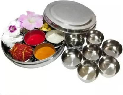 Nutech Stainless Steel Round Pooja Box with 7 Containers for Chawal,Chandan, Kumkum Stainless Steel