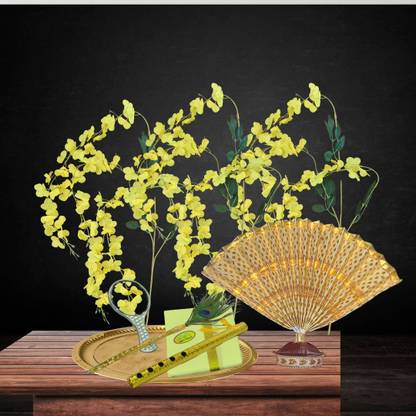 MDT India Vishu Kani Combo-5 Kani Konna, Udayada. Flute, Feather, Dhothi, Thali Plate Pure Brass
