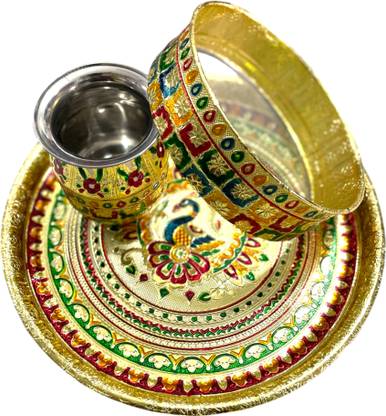 I sonal Traditional Decorative Meenakari Stainles Steel Karwa Chauth Pooja Thali Set(D2) Stainless Steel