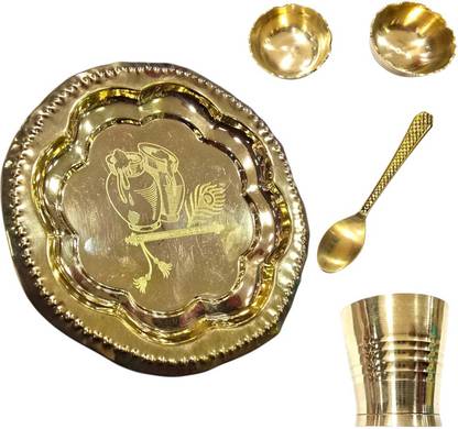 Dev Samagri Laddu Gopal Bhog Plate Set with 1Plate, 2Katori, 1Gilas, 1Spoon Thakur ji Brass