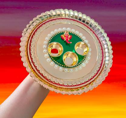 P A HEALTH AND FITNESS Decorated Acrylic Pooja Thali/Haldi Kumkum Box/Rakhi Plate[8 Inch][Medium] Gold Plated