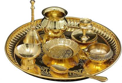 BENGALEN Brass Pooja Thali Set 8 Inch Home Mandir Puja Return Gift Items Brass
