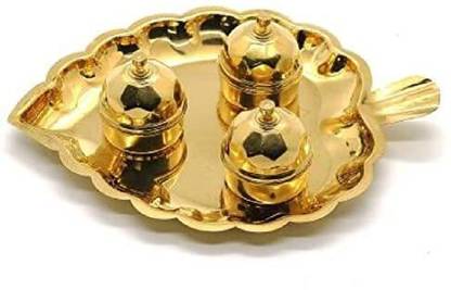 Denique Brass Leaf Shaped Karanda Puja Rituals Roli Chawal Akshat Dibbi Brass