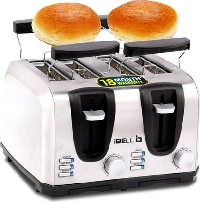 iBELL 130G 2-in-1 Bread Toaster, 4 Slices with Detachable Bun Warmer Grill 230 W Pop Up Toaster