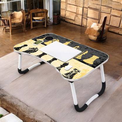 MEZIRE Foldable Laptop Table with Cup Holder | Mac Holder | Study Table Rounded Edges Wood Portable Laptop Table