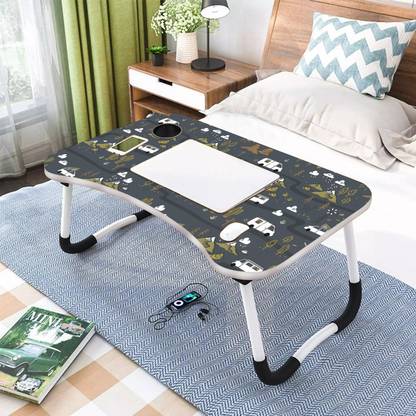 KAIZONE Foldable Laptop Table with Cup Holder | Mac Holder | Study Table Rounded Edges Wood Portable Laptop Table